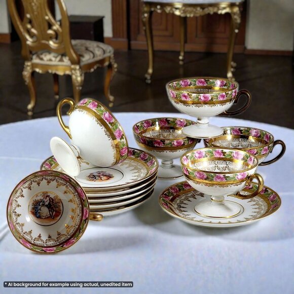 Vintage Demitasse Tea Cup Saucer 12pc Set Pink Rose Gold Gilt Victorian China 2" - Picture 3 of 11